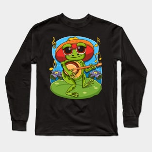 Frog Playing Banjo on Mushroom Cute Cottagecore Aesthetic Long Sleeve T-Shirt